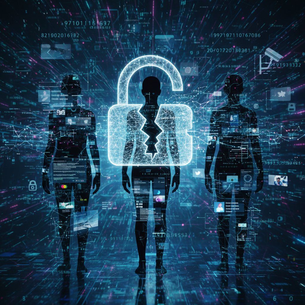 Abstrakte Darstellung von Datenströmen und menschlichen Silhouetten, Datenschutzsymbolik