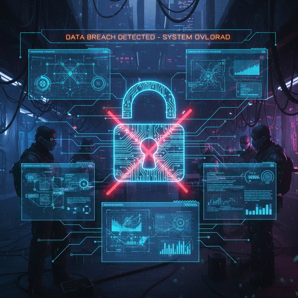 Data security visualization in an automated support environment, cyberpunk style, data streams and lock icon, privacy risk, tools replacing customer support staff