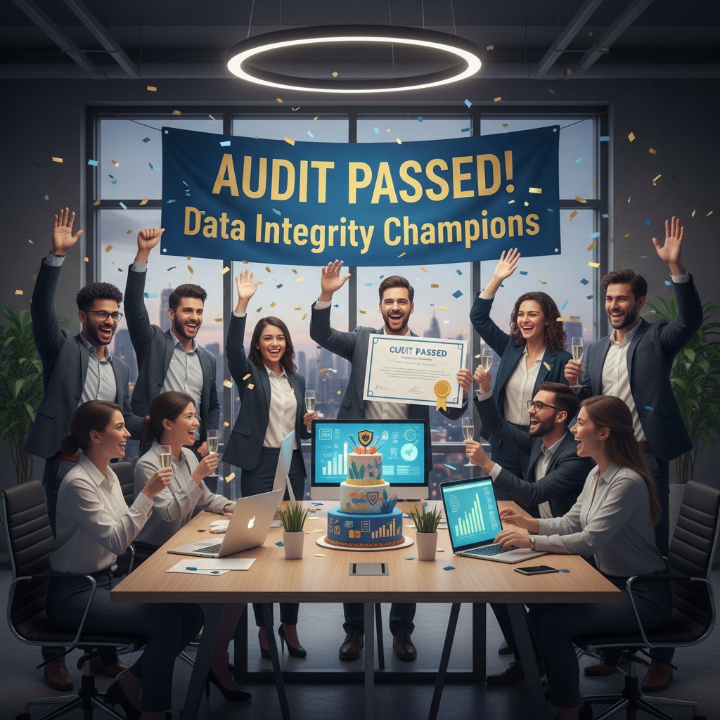 Data team celebrating successful error-free analysis