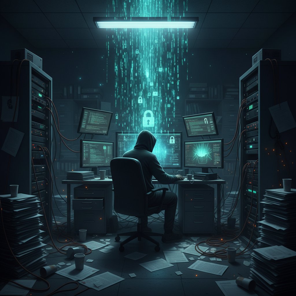 Data thief exploiting document chaos in a dimly lit office