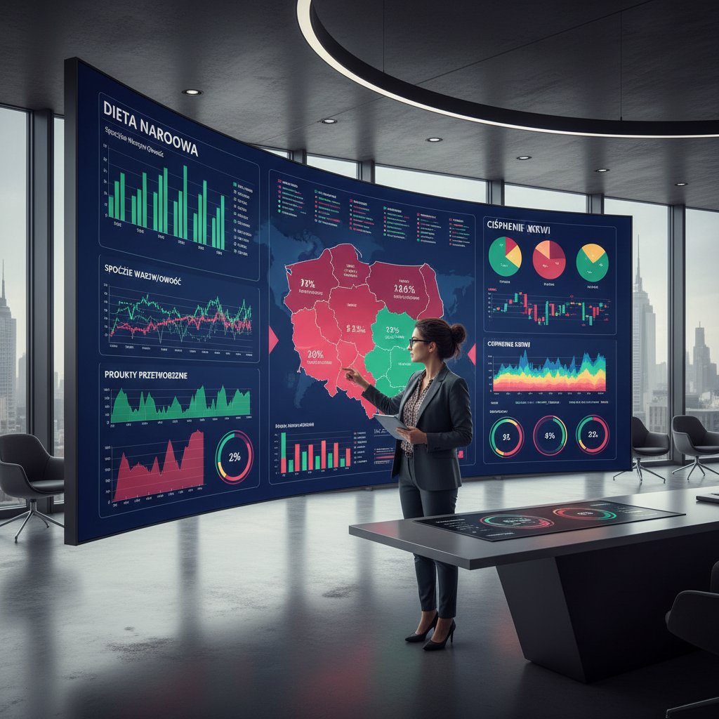 Zdjęcie ilustrujące statystyki zdrowotne Polaków: osoba analizująca dane, wykresy na biurku, silny kontrast