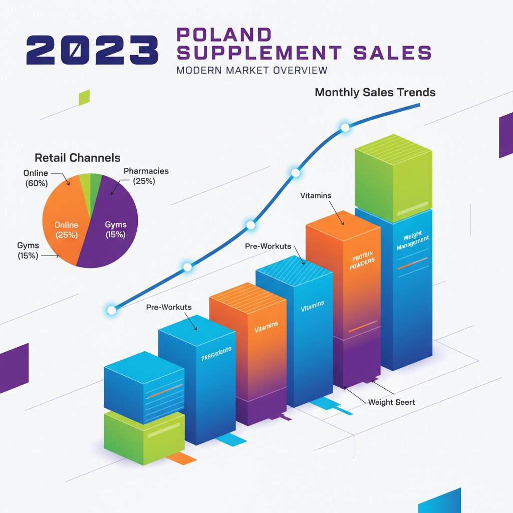 Nowoczesna wizualizacja danych sprzedaży suplementów w Polsce, odważne kolory