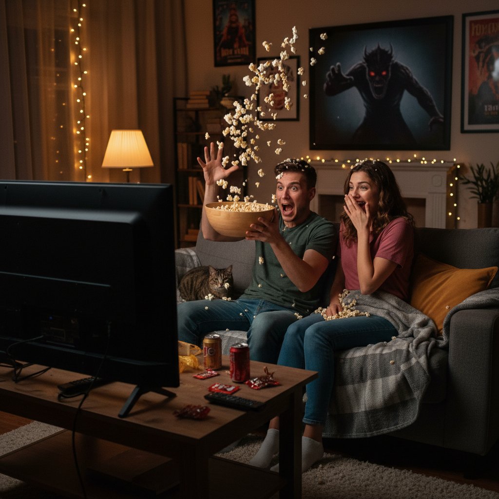 Couple surprised and playful as popcorn flies during a scary movie moment, illustrating the adrenaline effect of thriller date night movies