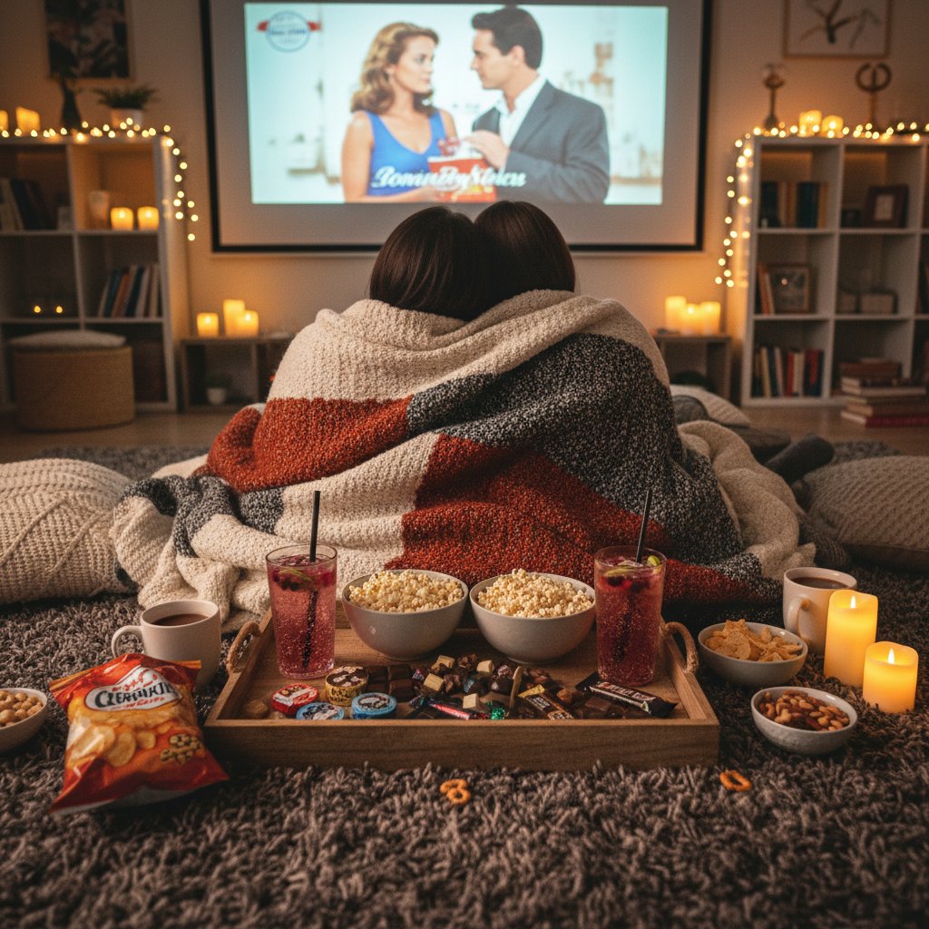Table set with gourmet snacks, cozy blankets, and inviting lighting for the ultimate date night movie experience at home