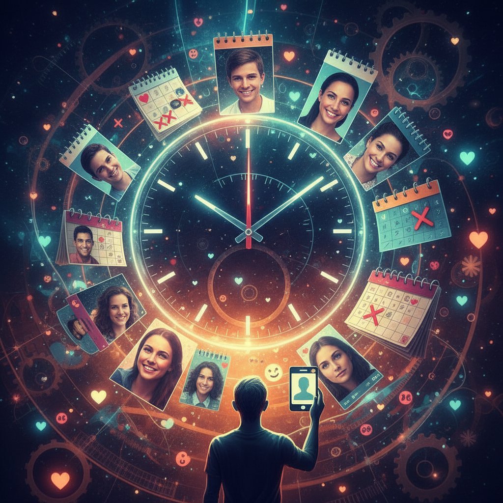 Dating paradox of choice visualized: stylized collage of profile pictures, calendars, and clocks, theme of dating tips for professionals