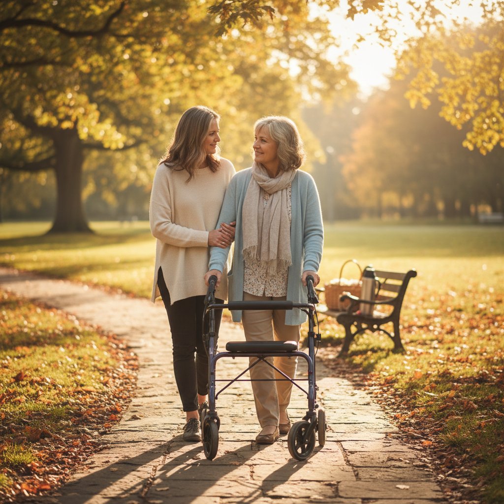 Życie rodzinne z Parkinsonem – zdjęcie dorosłej córki pomagającej starszej matce w codziennych czynnościach, ciepłe światło, domowa atmosfera