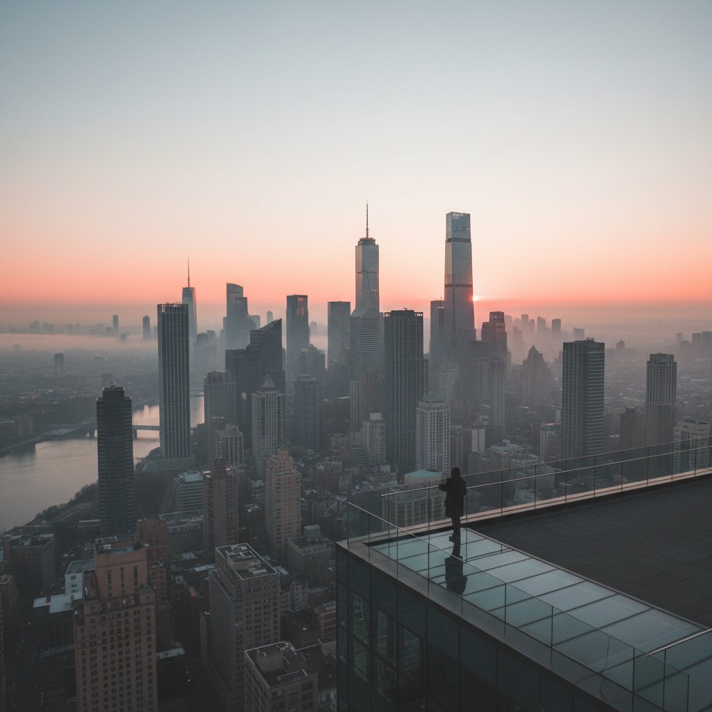Świt nad miastem – metafora nowego początku dla osób współuzależnionych, świt, panoramę miasta, samotna postać, nowy początek, współuzależnienie