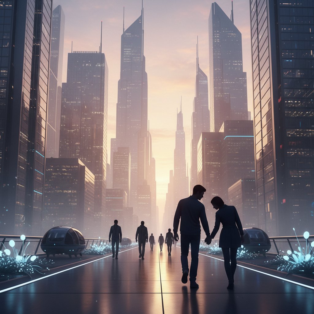 Dawn light over a city, two silhouettes walking side by side, symbolizing new beginnings and relationship trust