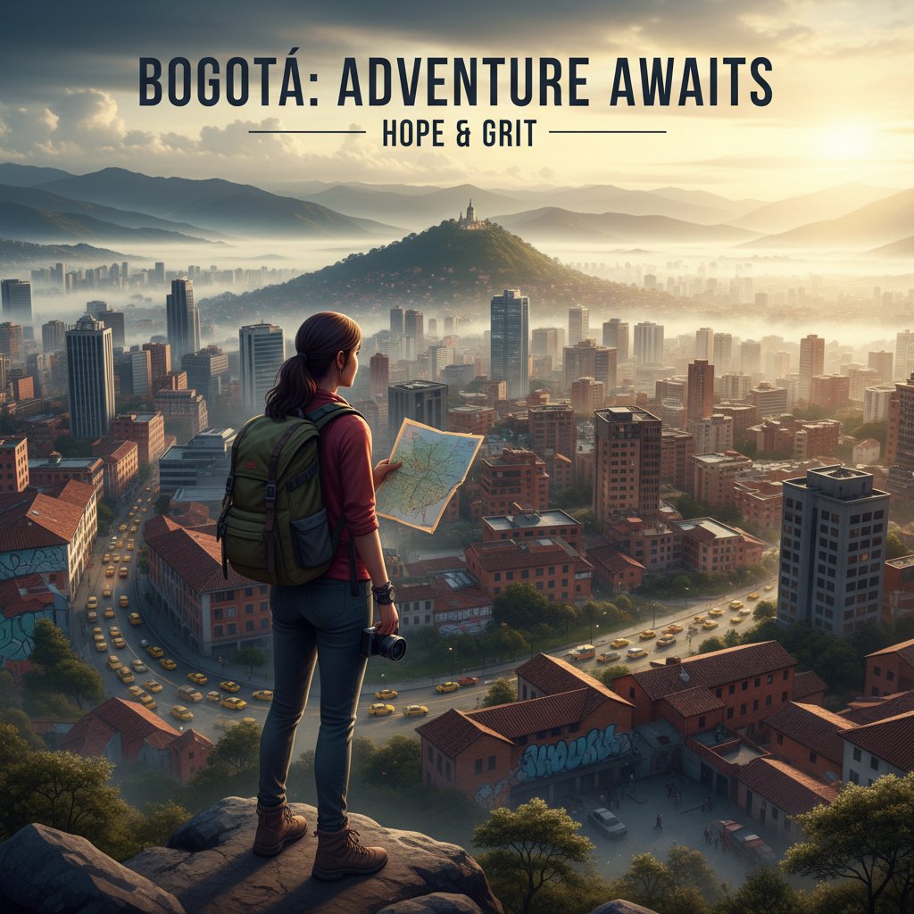 Traveler beginning their Bogotá adventure at sunrise, lone figure stepping into waking city