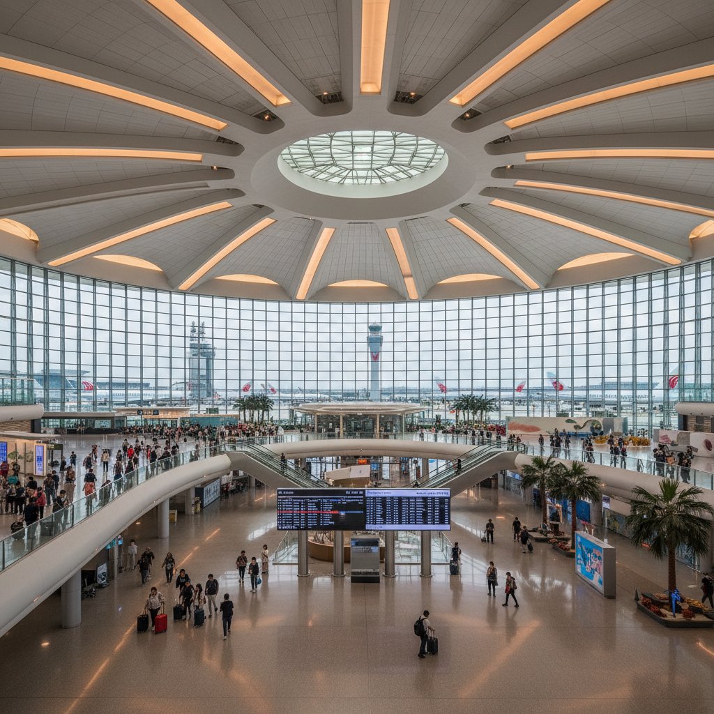 Widok z lotniska Daxing, nowoczesne wnętrza i architektura, podróżni z walizkami