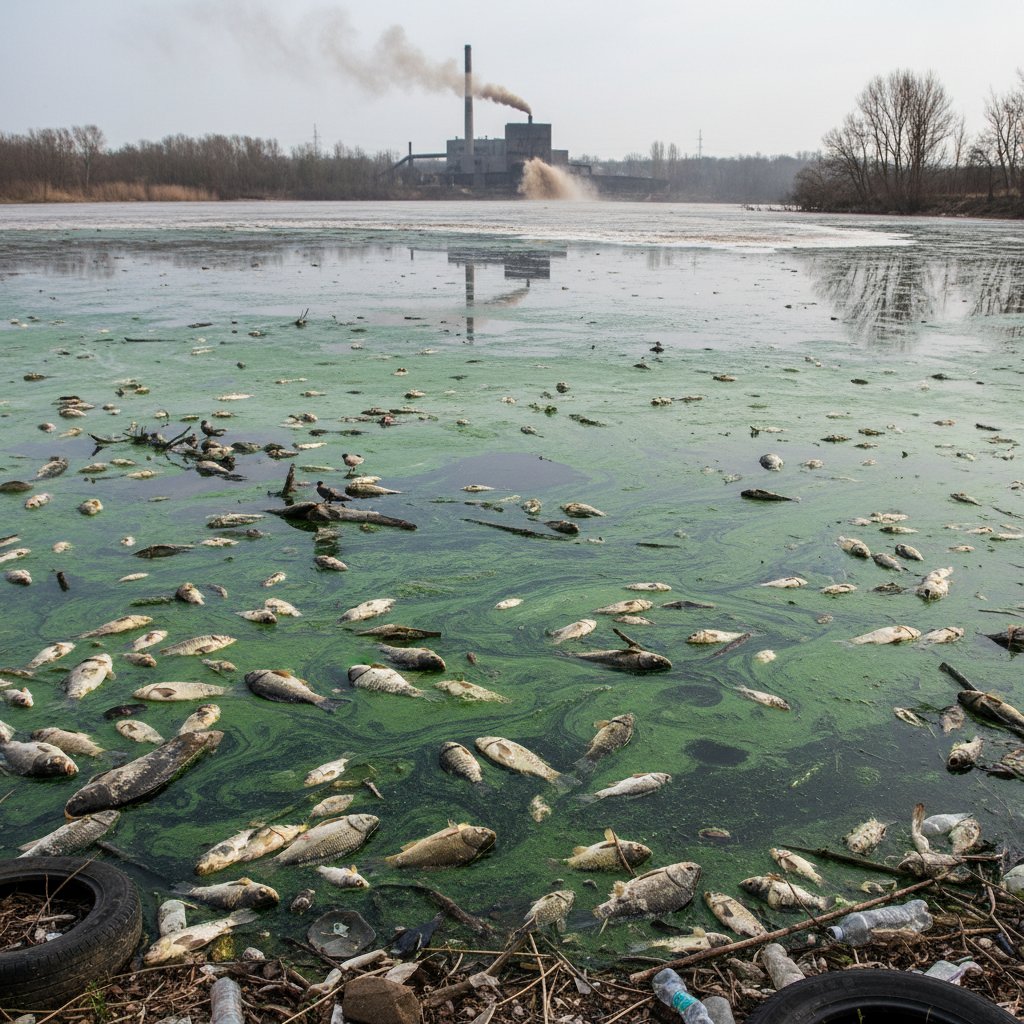 Martwe ryby na brzegu skażonego jeziora z zielonym zakwitem alg
