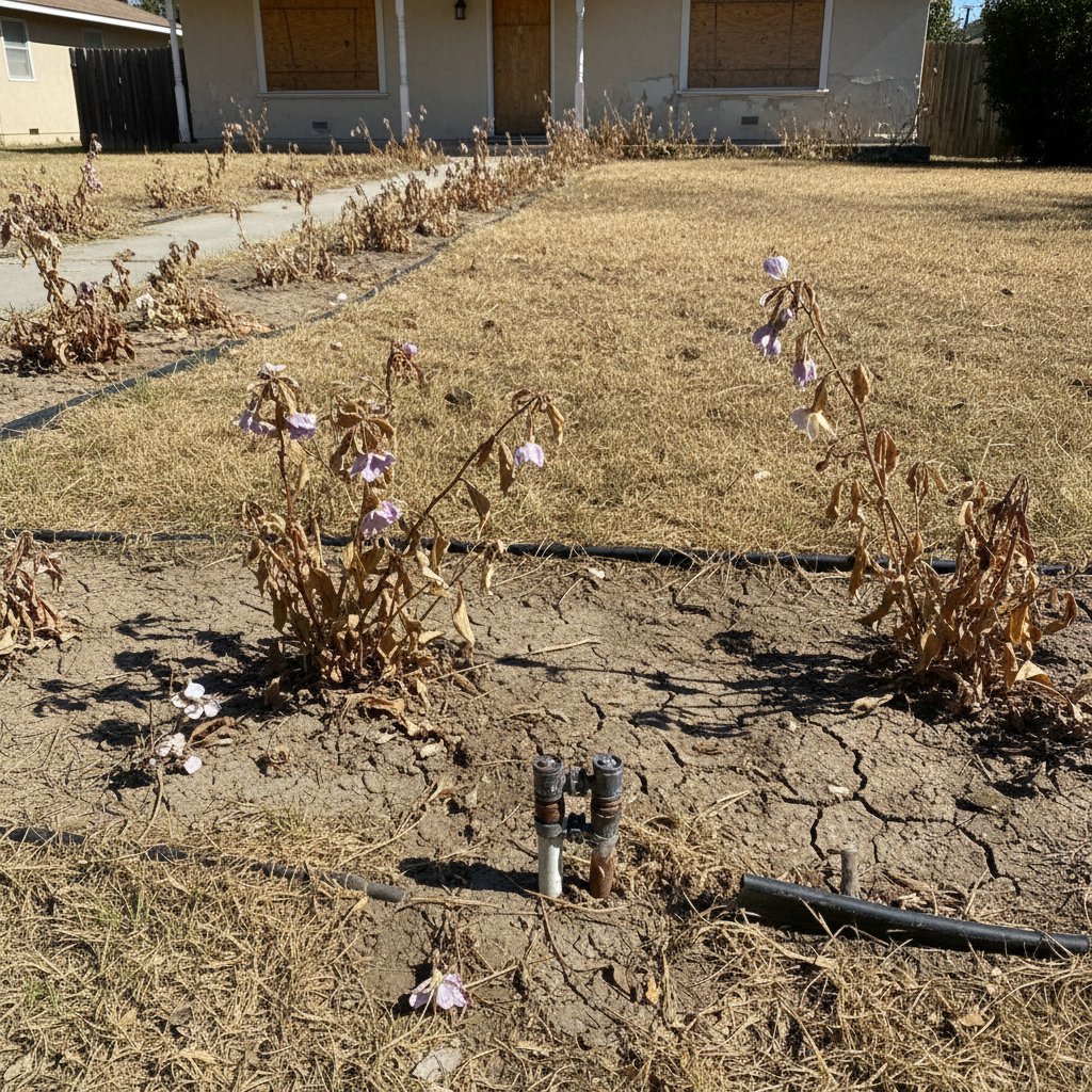 Martwe fragmenty trawnika i uschnięte kwiaty po awarii systemu nawadniania