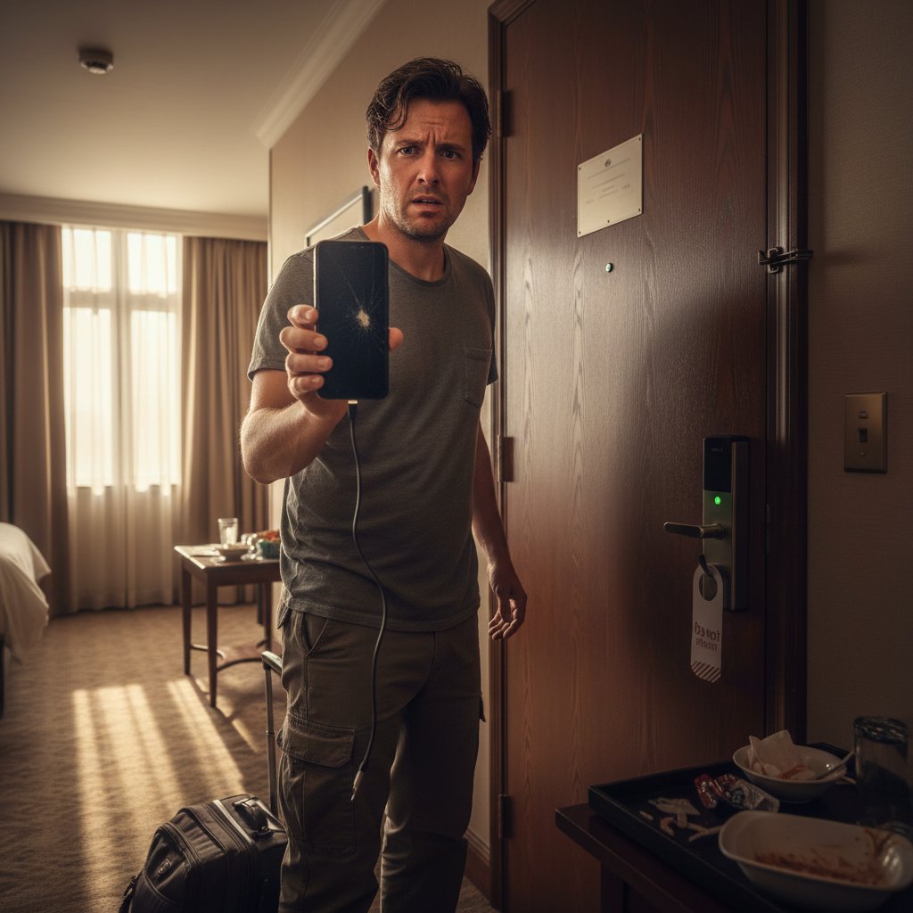 Close-up of a dead phone at a hotel door, anxious guest waiting, natural lighting