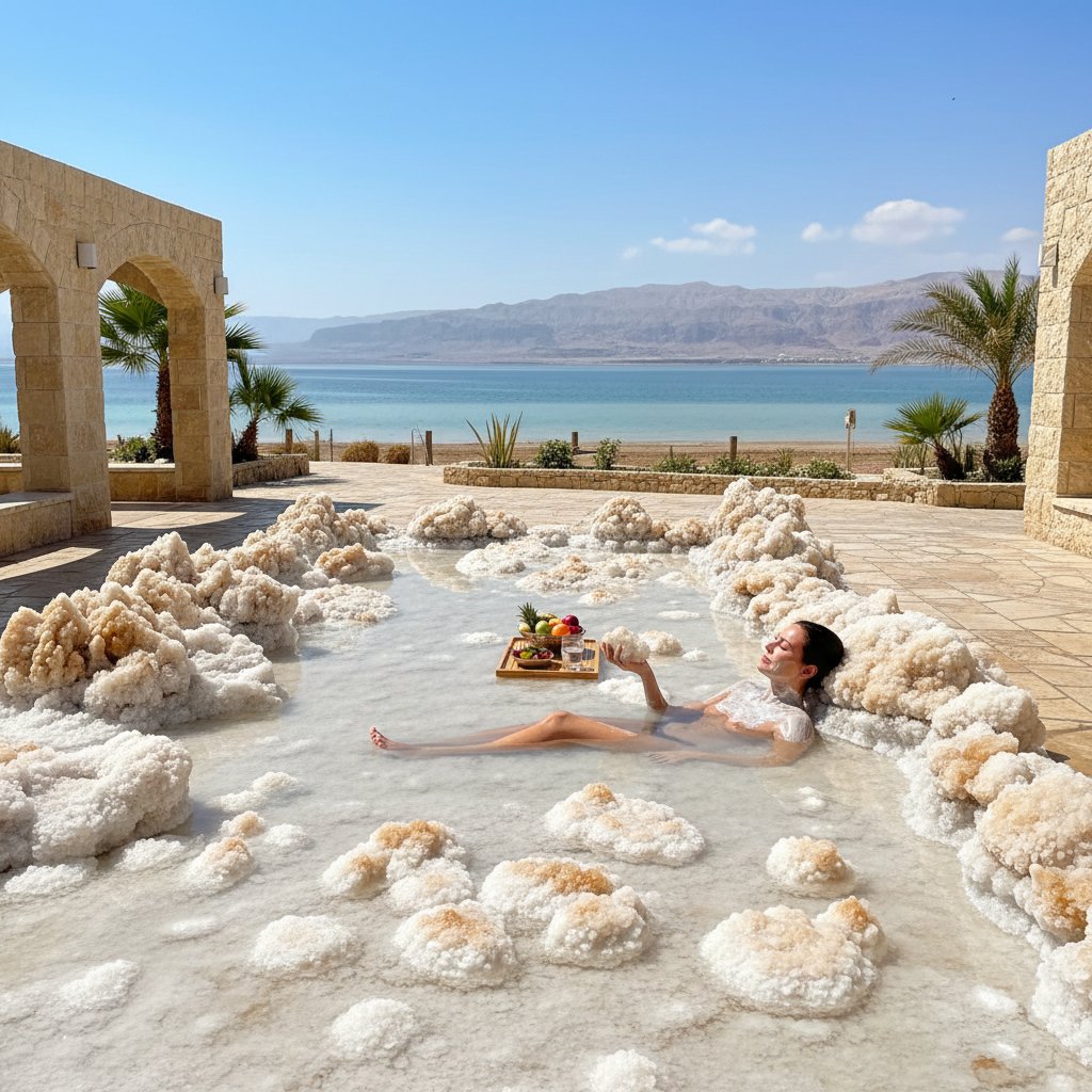 Uzdrowisko nad Morzem Martwym – kąpiel w solance, słoneczny dzień, widoczne kryształki soli