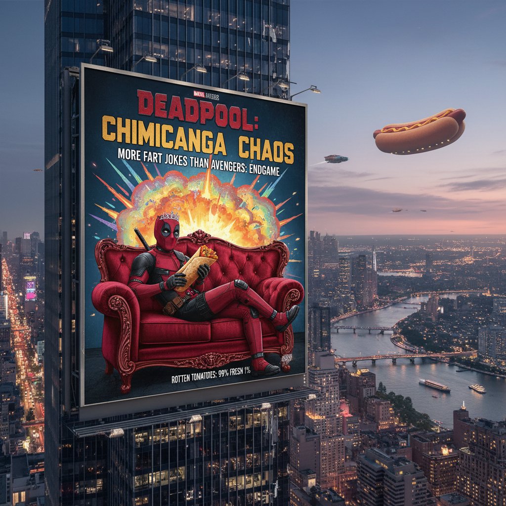 Photo of a Deadpool billboard parodying traditional superhero ads, city background