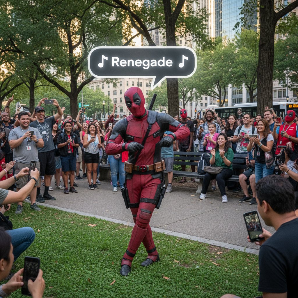 Photo of a fan in Deadpool costume making a TikTok dance in an urban park, bystanders laughing