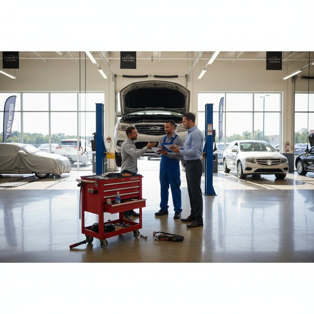 Dealer with appraisal checklist, car on lift, gritty service bay, car dealership trade in evaluation