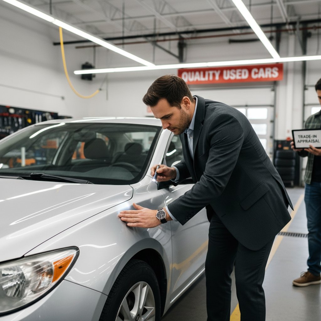 Dealer examining car under harsh fluorescent lights, scrutinizing condition for trade-in appraisal