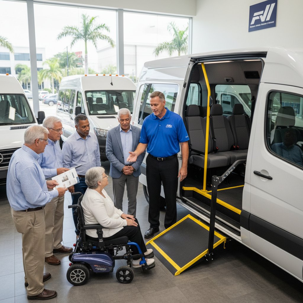 Dealer showing accessible van features to small group, interior ramp and tie-downs visible