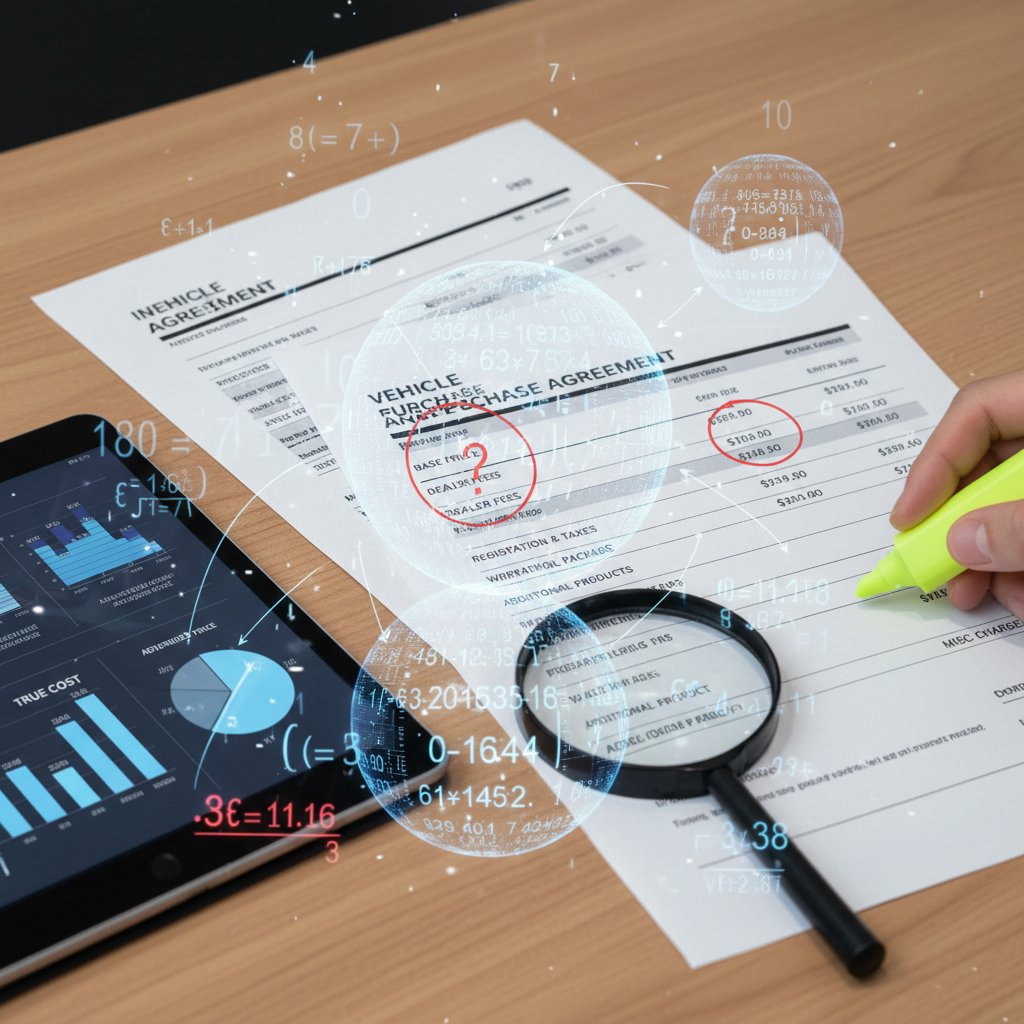 Analytical photo of dealership paperwork with hidden line items highlighted, invoice price myth concept