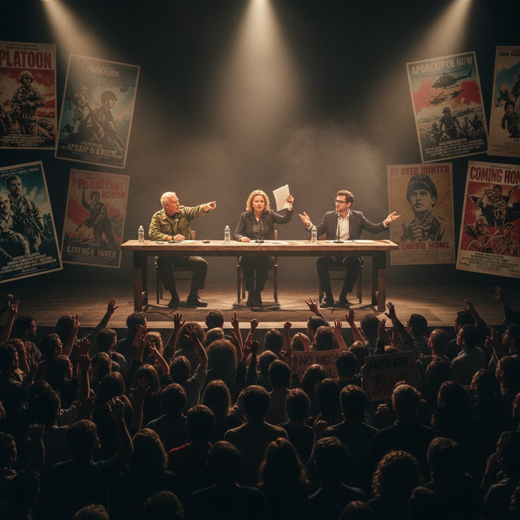Heated public debate panel on stage, Vietnam war movie posters in background.