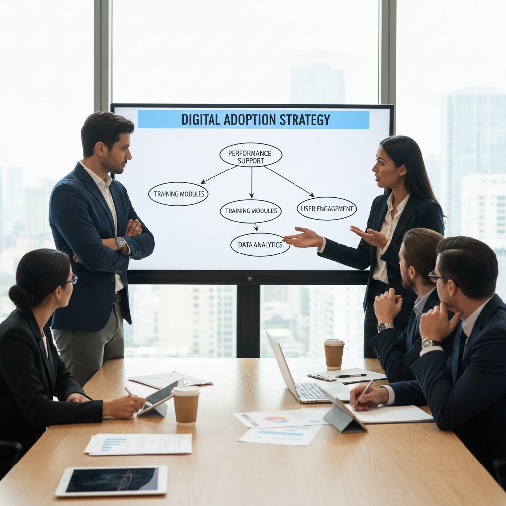 Team debating digital adoption strategy, employees discussing technology integration for performance support