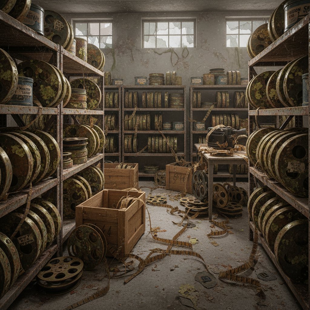 A moody, atmospheric photo of a crumbling film archive filled with decaying reels, referencing lost cinema history and forgotten films