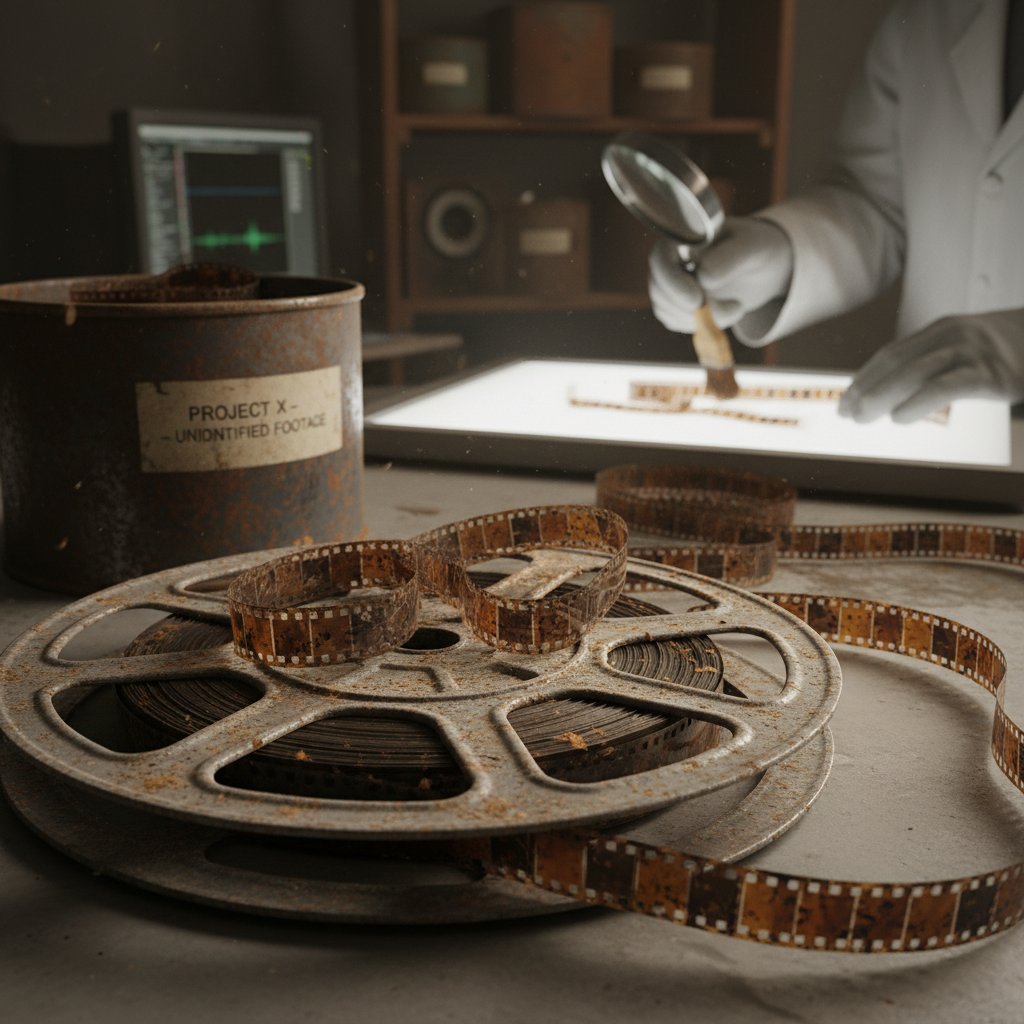 Decaying film reel in archives with movie restoration keywords