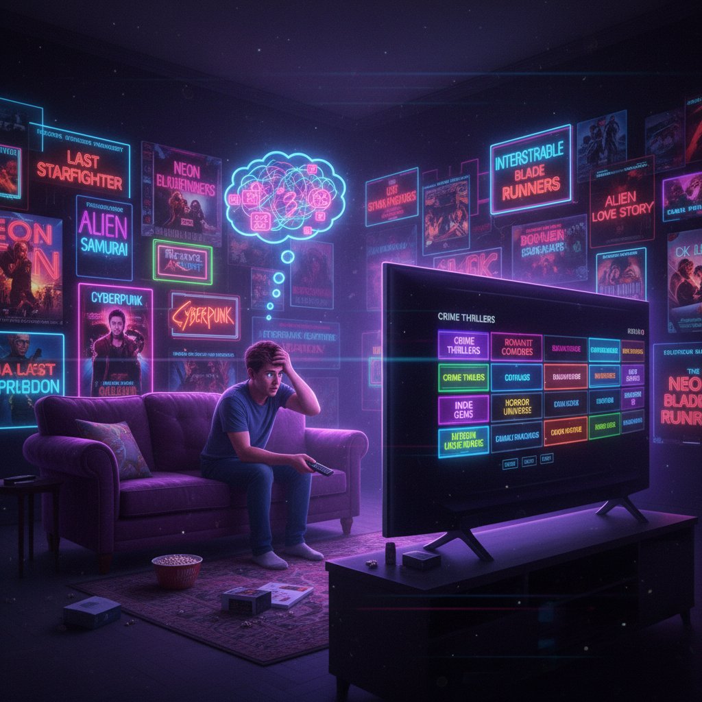 Person overwhelmed by movie choices, neon colors, cinematic, 16:9, decision fatigue in movie discovery