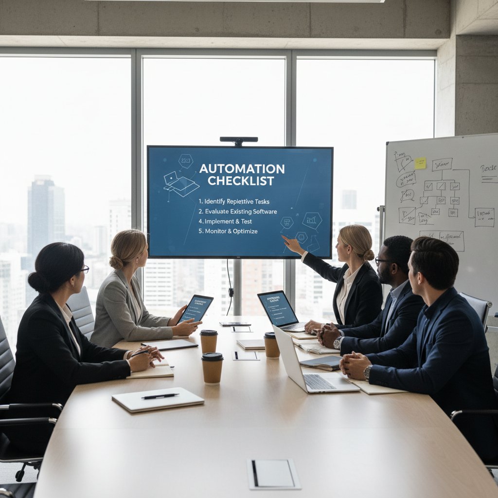 Decydenci podczas analizy checklisty wdrożenia automatyzacji w sali konferencyjnej