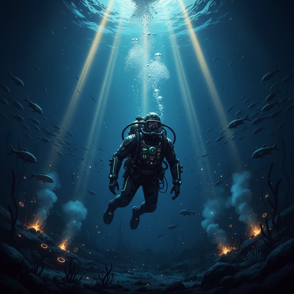 Nurek na dużej głębokości z zaawansowanym sprzętem oddechowym, światło dramatyczne