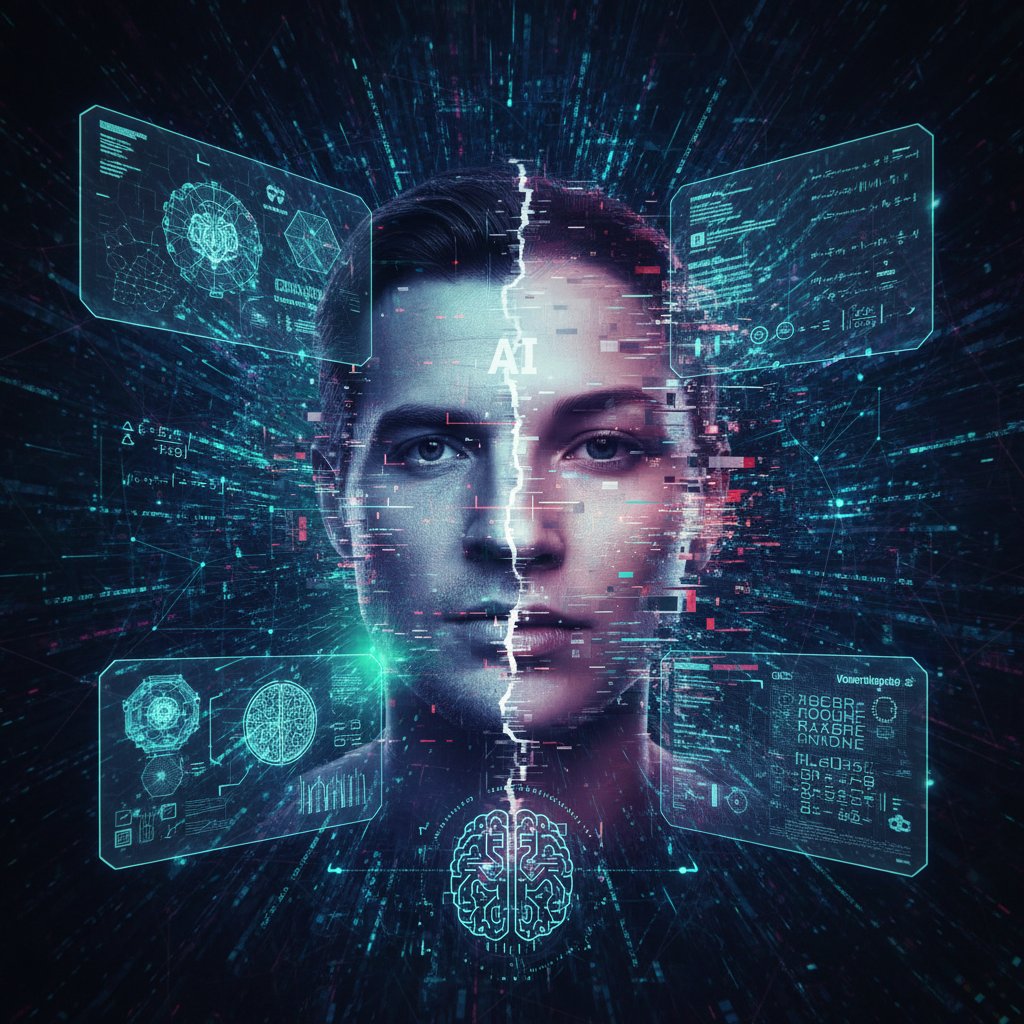 Mężczyzna wpatrzony w ekran z wyświetlonym deepfake'iem, zdezorientowany wyraz twarzy