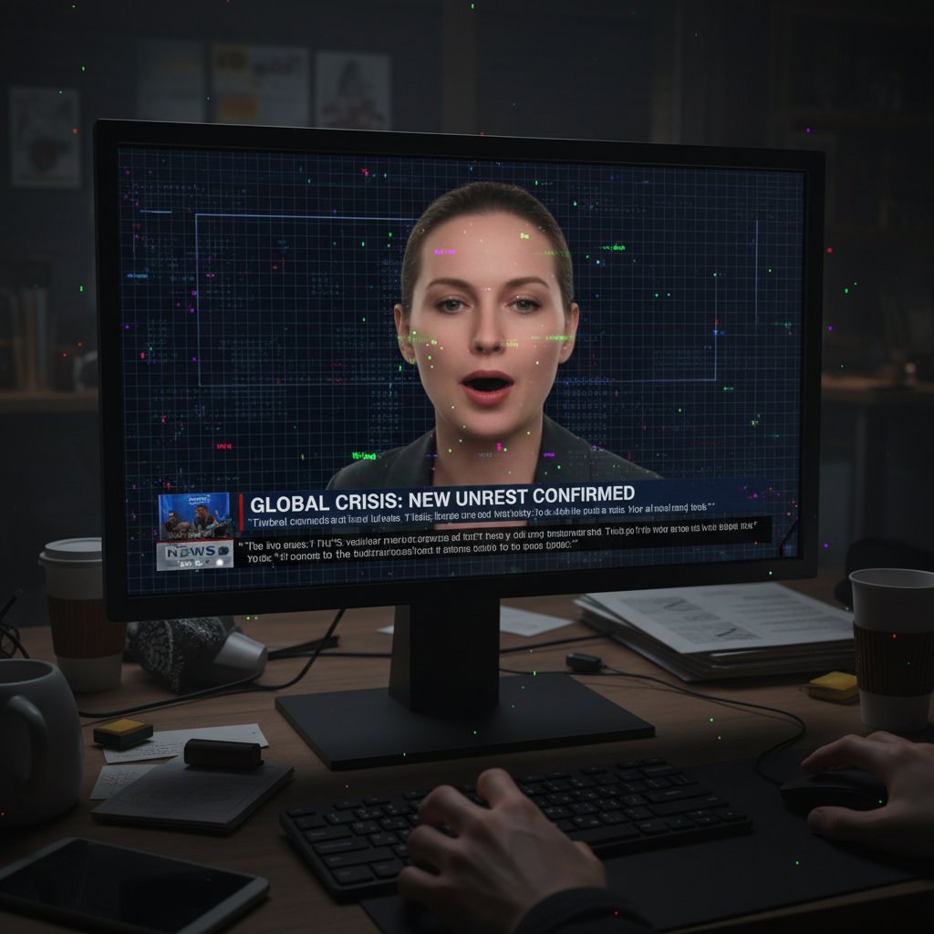 Zdjęcie monitora z wyświetlonym deepfake'iem – symbol zagrożenia dezinformacją AI