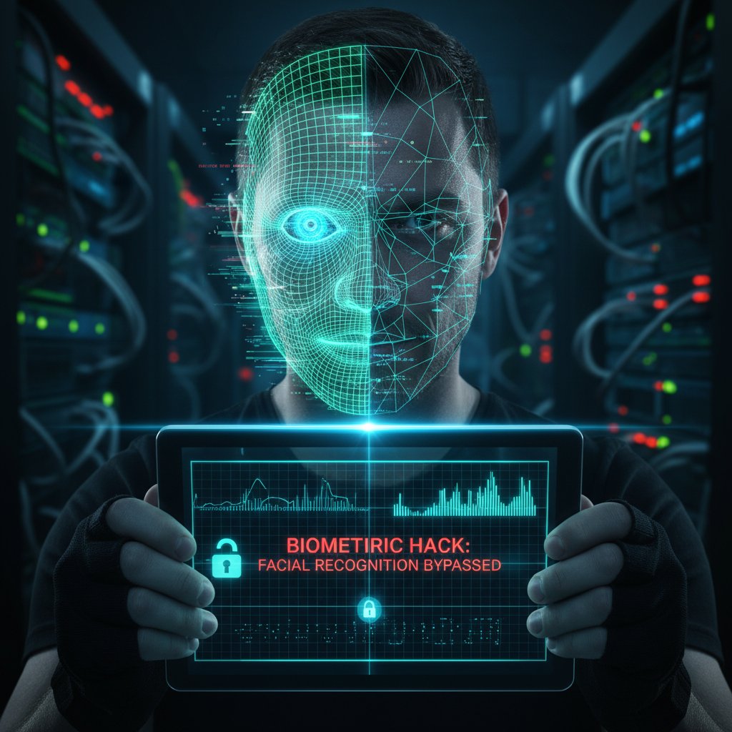 Mężczyzna w masce deepfake próbujący obejść biometrię twarzy