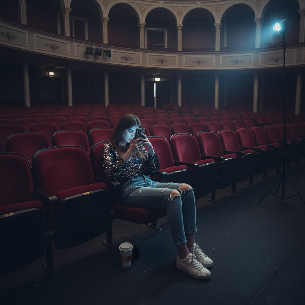 Defeated influencer checks phone in empty theater after campaign flop, candid mood for influencer comedy backlash