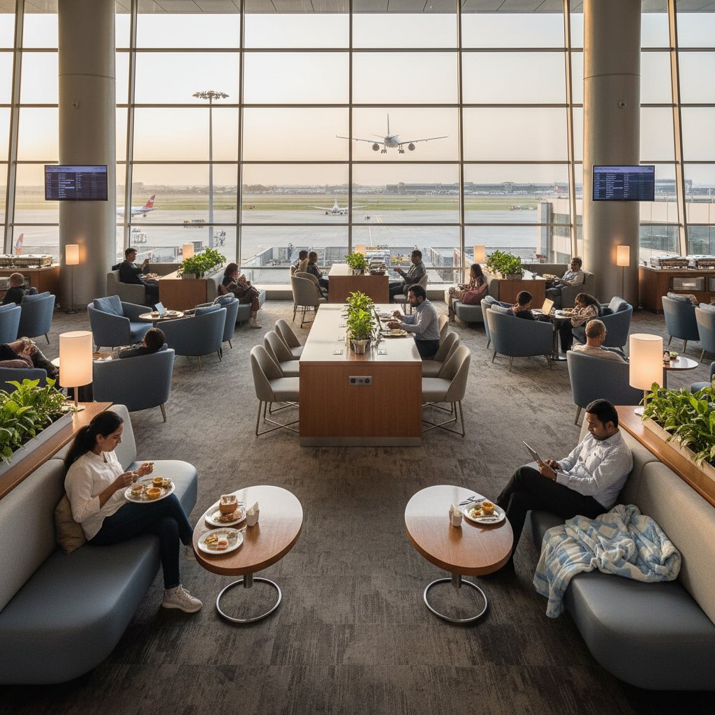 Travelers resting and eating at a crowded Delhi airport lounge area