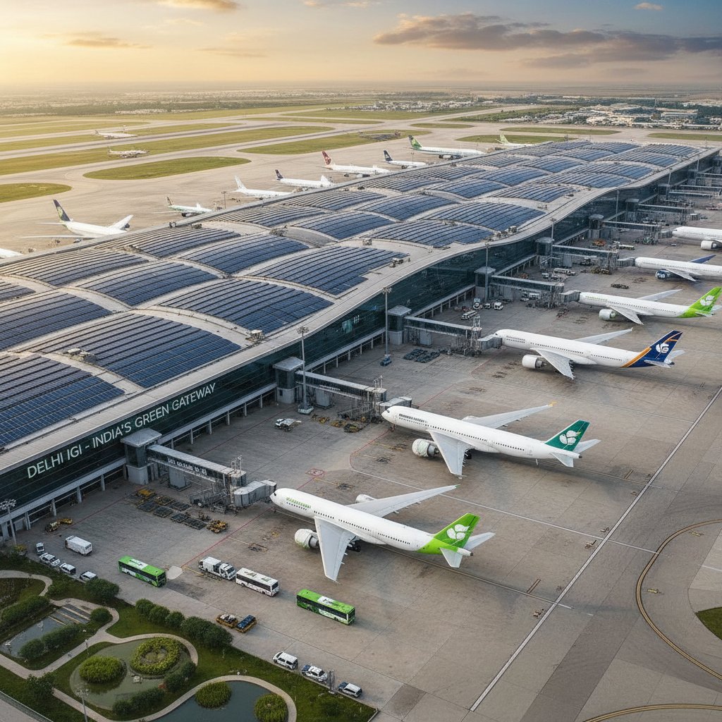 Delhi airport solar panels and eco-friendly features with aircraft in the background