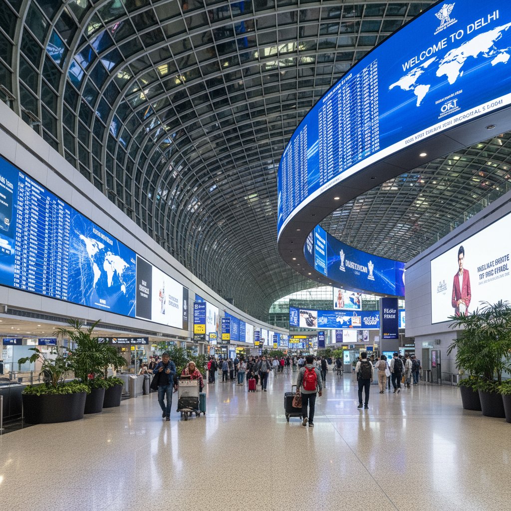 Busy Delhi airport terminal construction, new gates and digital signage