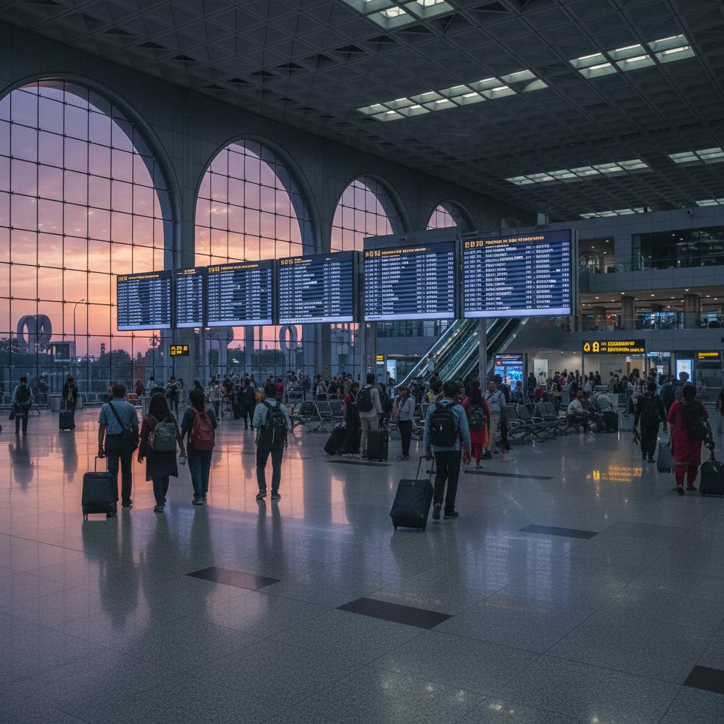 Bustling Delhi airport at dusk, travelers with luggage and glowing flight boards