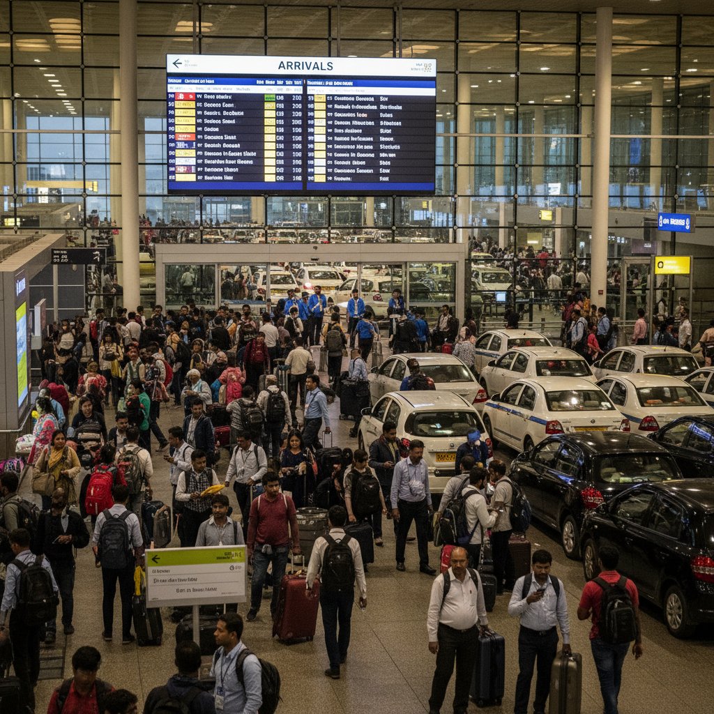 Overcrowded Delhi airport arrivals, travelers searching for rideshare and taxis