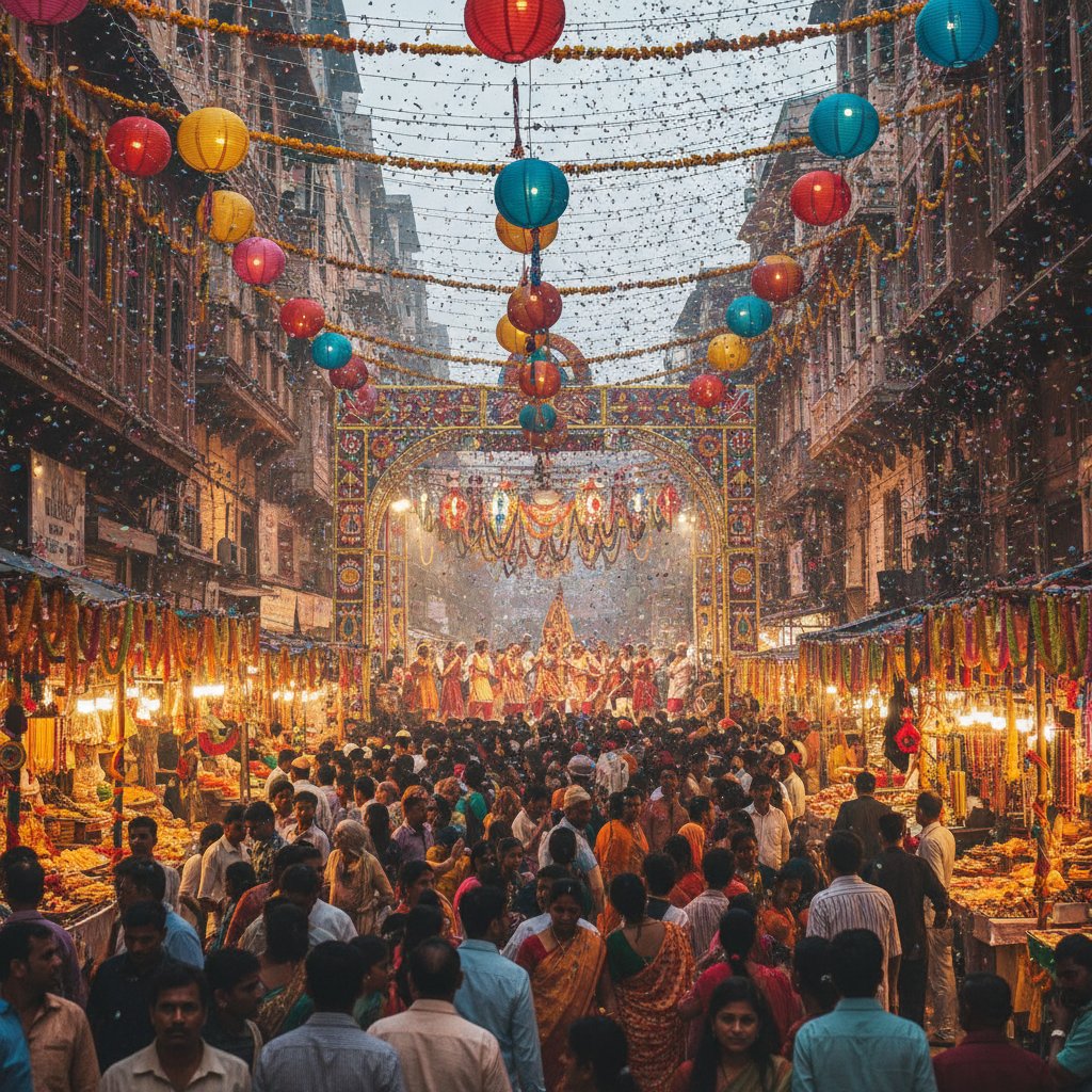 Crowded Delhi street during festival, vibrant decorations, and celebrations