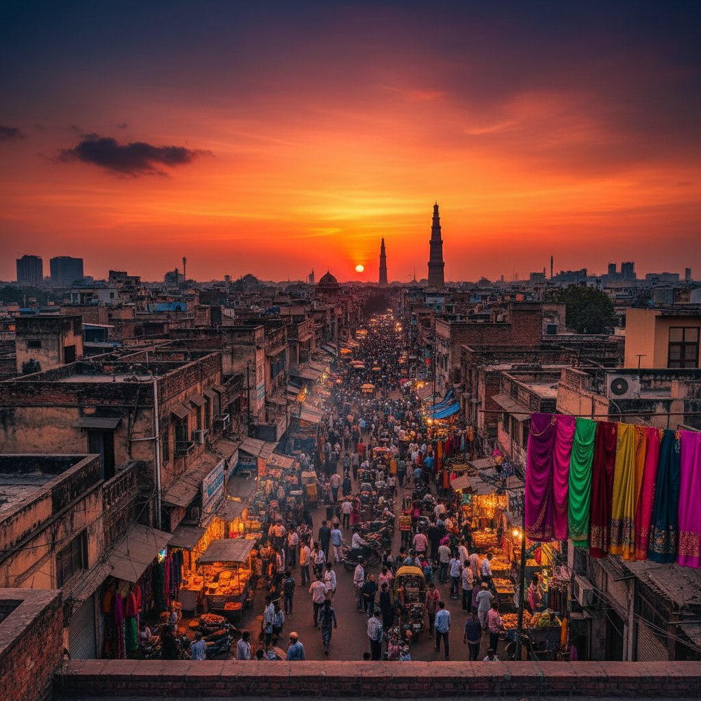 Modern and traditional Delhi skyline at sunset, crowded streets and vibrant colors