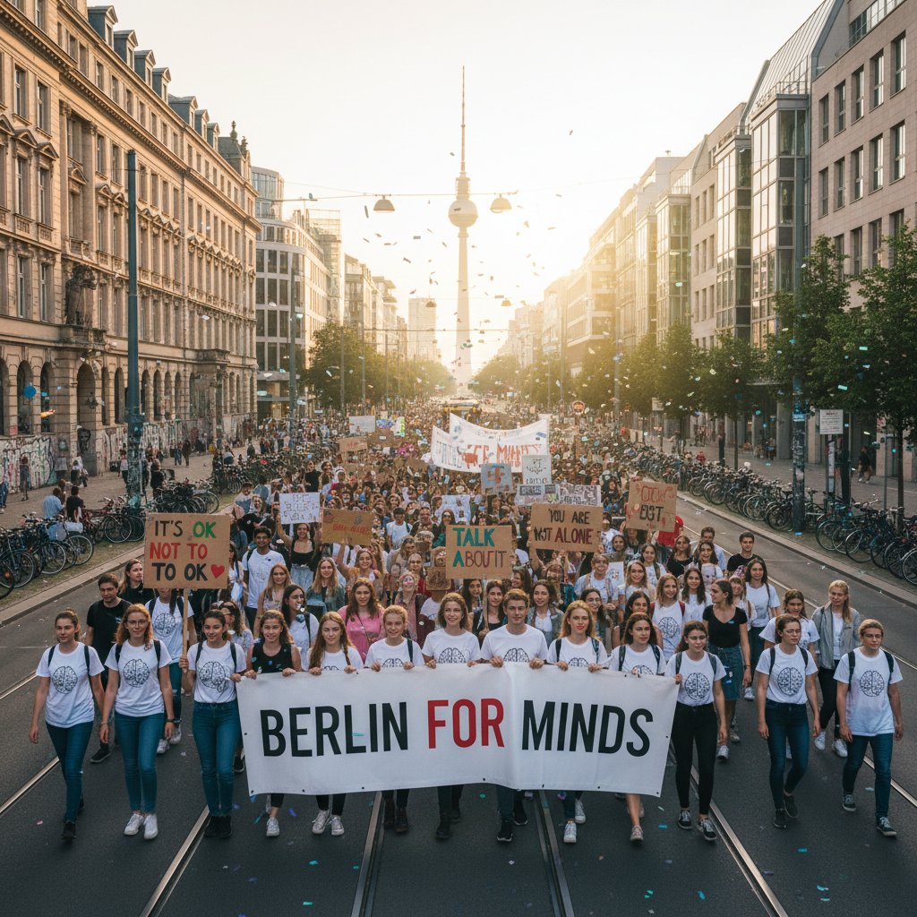Demonstration in Berlin, junge Menschen mit Plakaten für psychische Gesundheit, urbanes Setting
