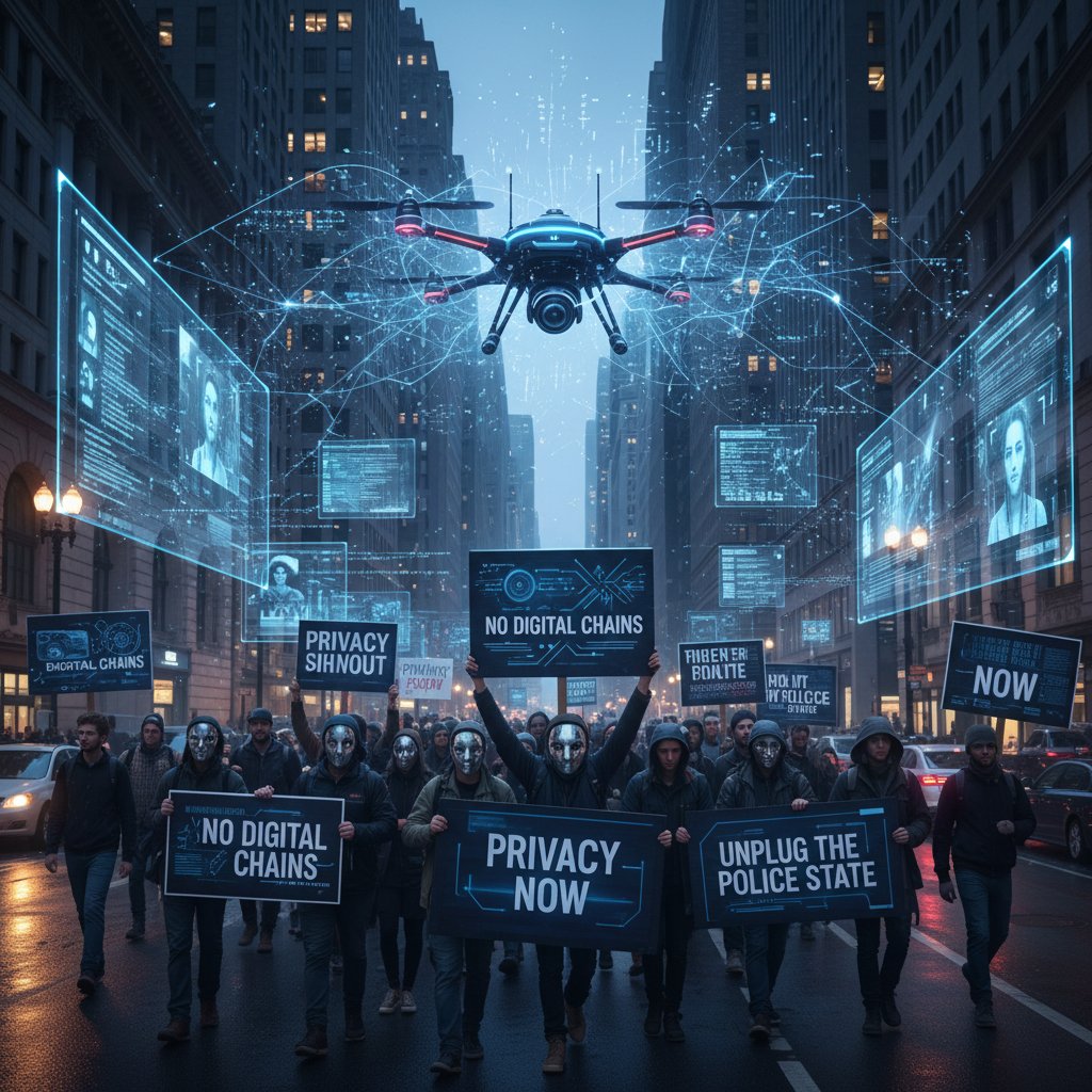 Demonstranci z transparentami przeciwko cyfrowemu nadzorowi na ulicy dużego miasta