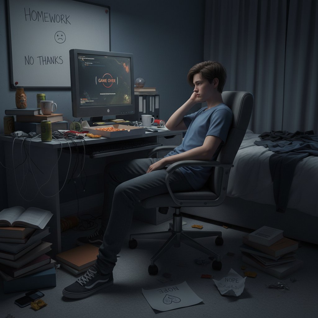 Zniechęcony uczeń przy komputerze, bałagan na biurku, brak motywacji
