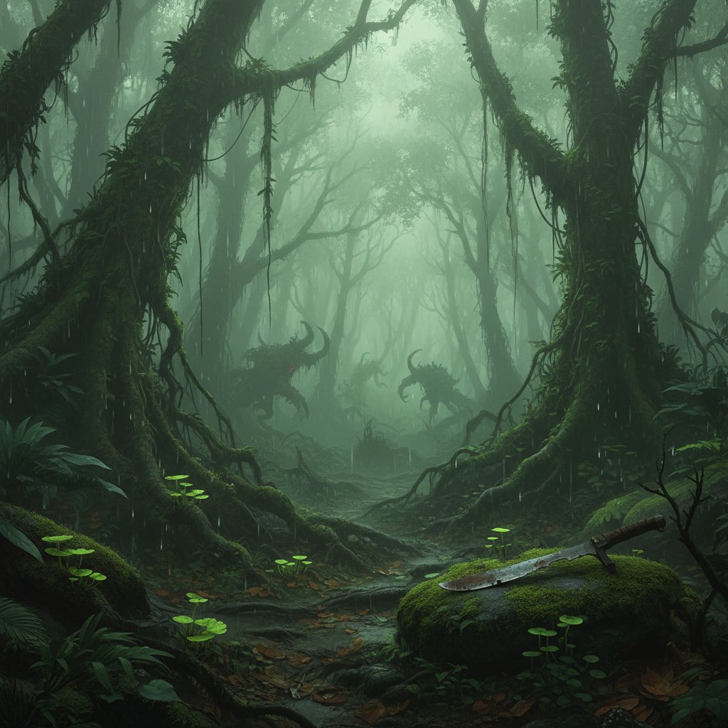 Photo of dense rainforest enveloped in ominous mist, evoking eco-horror in jungle movies