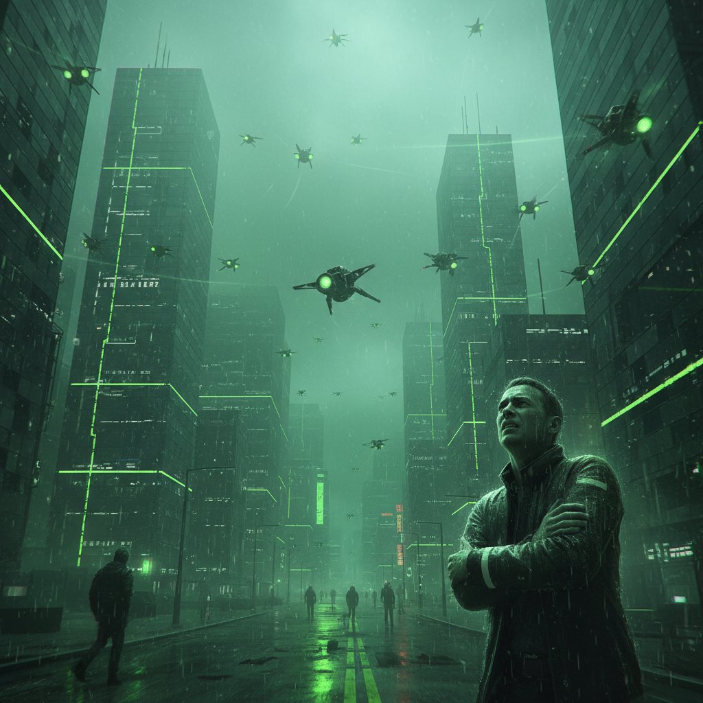 Dense smog over a futuristic green-lit city with drones conveys eco-dystopia and tech-noir keywords