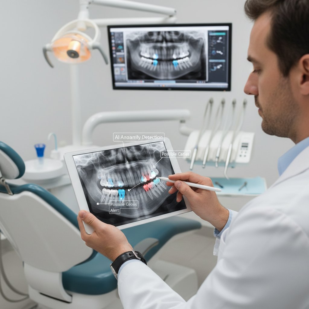 Dentysta korzystający z tabletu, analiza zdjęcia rentgenowskiego z pomocą AI