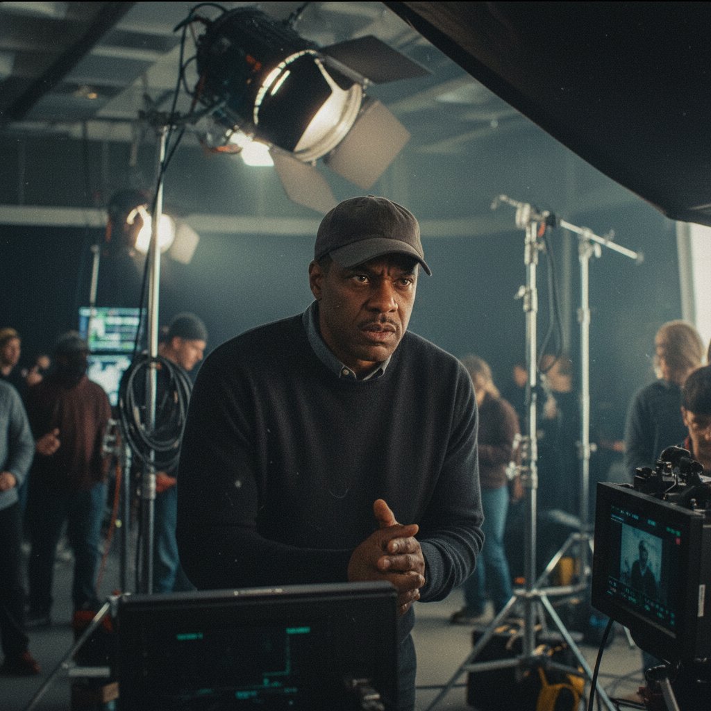 Denzel Washington intensely focused on set, behind-the-scenes, editorial-style photo, film grain, 16:9