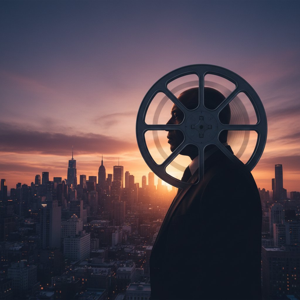 Artistic symbolic portrayal of Denzel Washington in silhouette, holding film reel, city skyline at dusk, 16:9